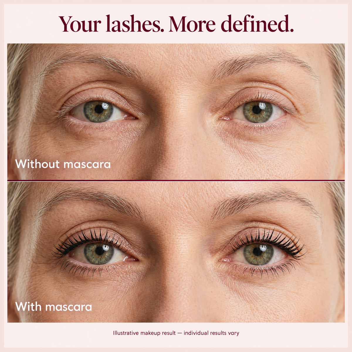 Illustrative makeup result, without and with mascara