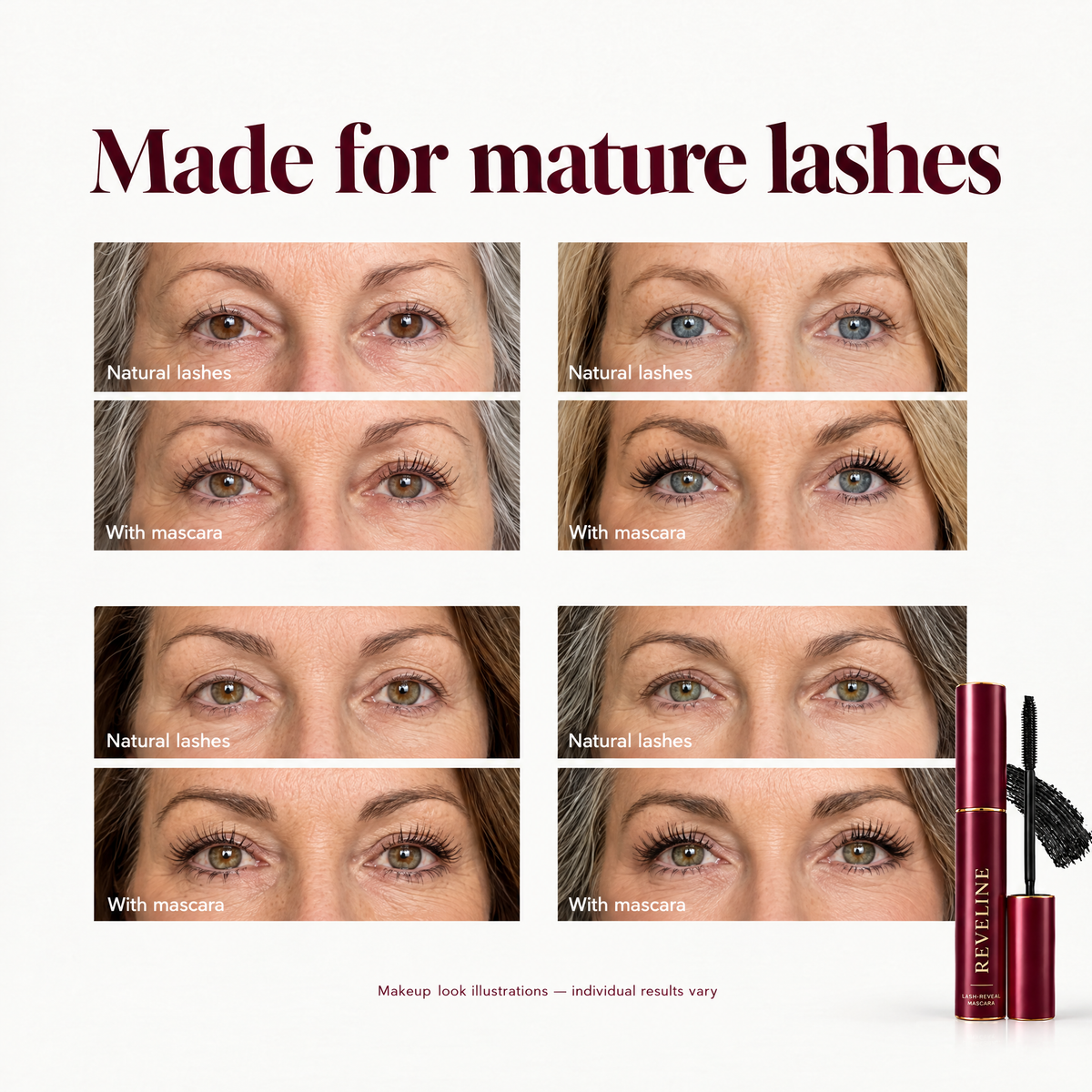 Reveline mature lash makeup look illustrations